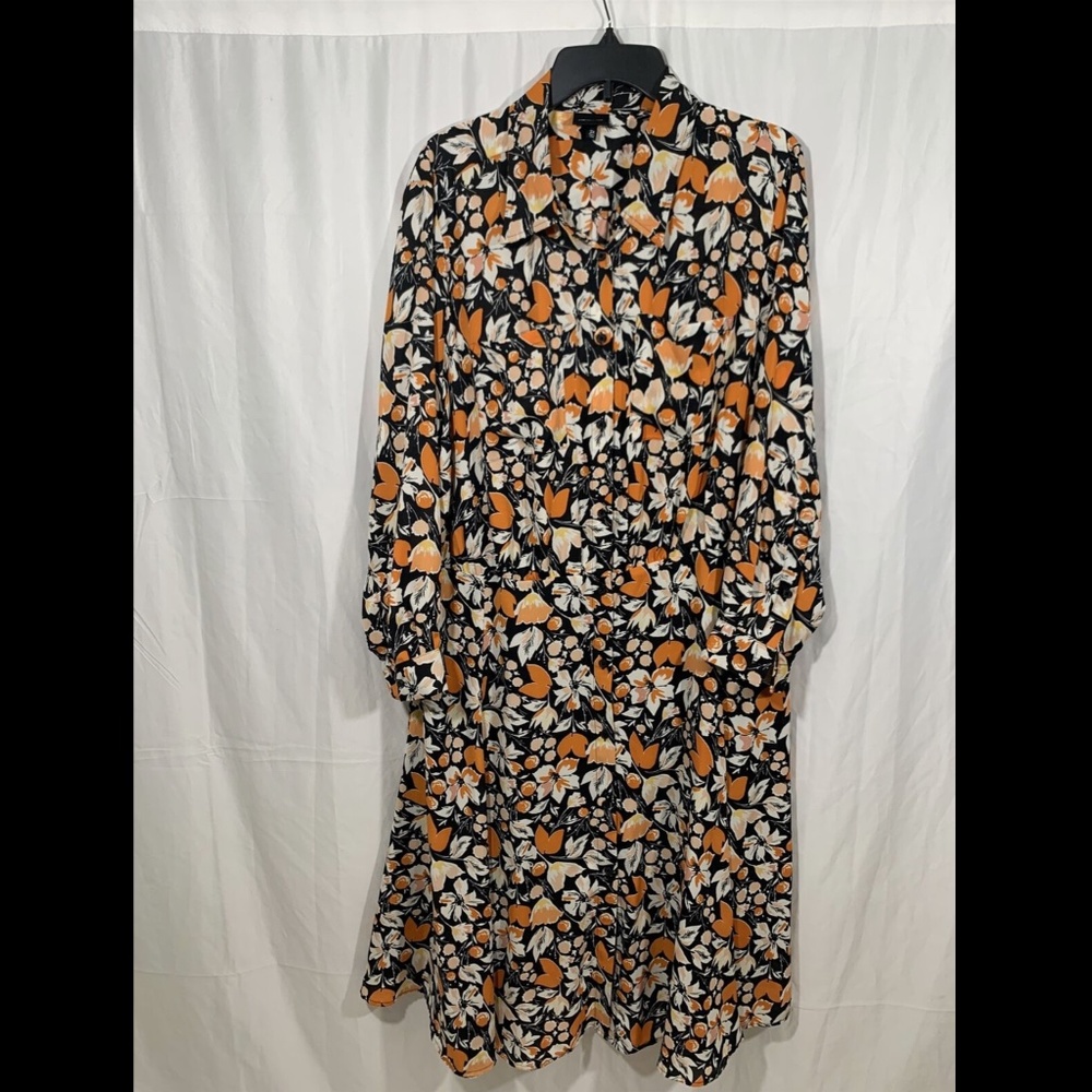 Who What Wear Black Floral Long Sleeve Midi Dress with Orange and Cream Flowers